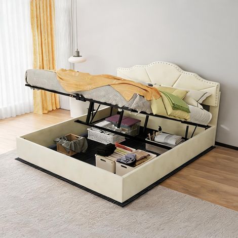 Tête de lit beige en tissu métal 200 x 160 x 133 cm (1/5)