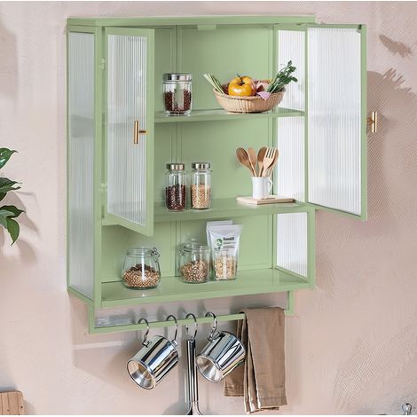 Armadio a muro a doppia anta vetrata con 2 livelli di archiviazione, ripiani aperti e portasciugamani, per bagno, sala da pranzo, verde (1/5)
