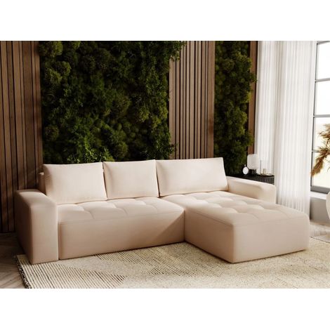 Canapé D'angle Convertible Méridienne Droite Portland Tissu Velours Beige (1/5)