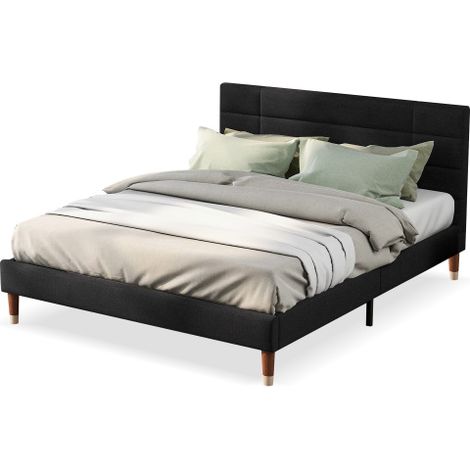 Lit tapissé,lit double avec sommier à lattes,140x200cm,cadre de lit tapissé avec tête de lit,en lin noir,pour adultes et adolescents (matelas non inclus)