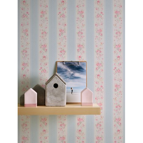 Papier peint intissé vintage shabby chic avec roses, rayures et pois, papier peint maison de campagne bleu clair (1/5)