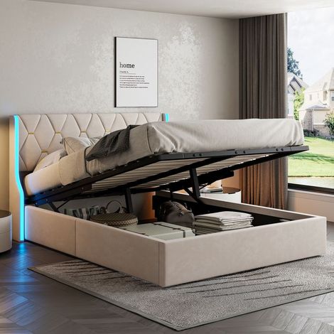 Letto contenitore 140x190 beige con testata imbottita, vano di stivaggio idraulico e illuminazione LED RGB, design moderno per camera da letto per adulti.