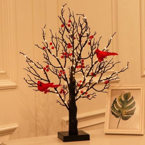 Arbre Lumineux - Lampe LED à Oiseaux Rouges - Décoration de Table de Noël - Alimentation USB ou Piles - 54 x 12 x 12 cm (1/5)