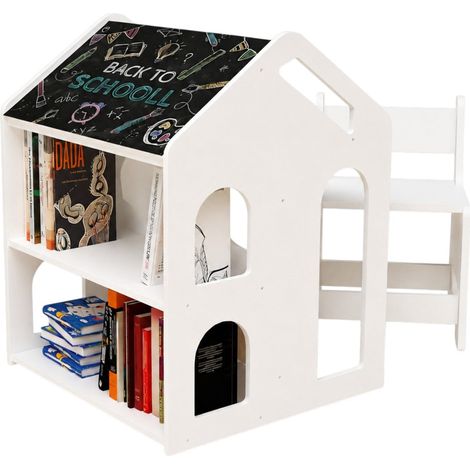Scrivania Casetta GINGER HOME con Sedia, Scaffale e Lavagna Nera, Bianco, 55×51×69 cm (1/5)