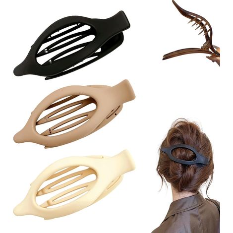 3 pinces à cheveux plates - Pince à cheveux plate pour femme - Pince à cheveux - Pince bec de canard - Plastique - Noir/Kaki/Blanc cassé (1/5)