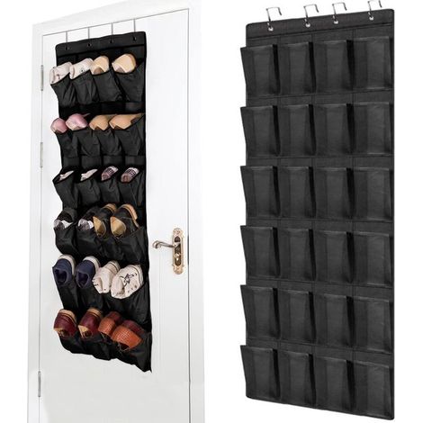 Rangement chaussures suspendu noir avec crochets, 24 compartiments, porte/placard, non-tissé, 150x55x1 cm (1/5)