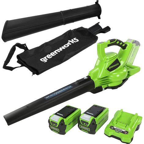 Greenworks 40V Aspiratore Soffiatore a Batteria per Foglie, Motore Brushless, 280km/h, 9,63m³/min, Sacco di Raccolta da 45L, Due Batterie 2Ah e Caricabatterie, Garanzia 3 Anni GD40BVK2X (1/4)