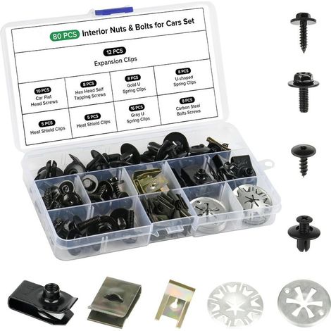 80 Pièces Vis & Clips Voiture Kit,Vis Carrosserie Voiture avec Verrouillage Rondelle Clips,U Clips Carrosserie & Vis de Soubassement (1/5)