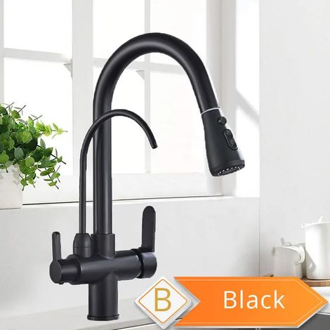 Robinet de cuisine filtrant l'eau (Noir B) 2 en 1, en laiton antique, avec douchette extractible et système de purification d'eau Crane. Mitigeur pivotant 2 voies. (1/5)