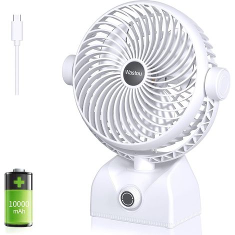 Table Fan, USB Rechargeable Desk Fan, Silent Tower Fan with 10000mAh Battery, Adjustable Speed, Rotating Head for Home and Office (White)