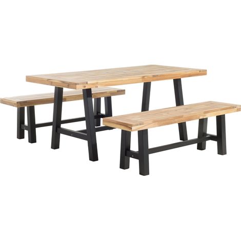 Conjunto de comedor de jardín con tablero de madera clara y patas negras 3 piezas mesa rectangular de madera de acacia 2 bancos Scania
