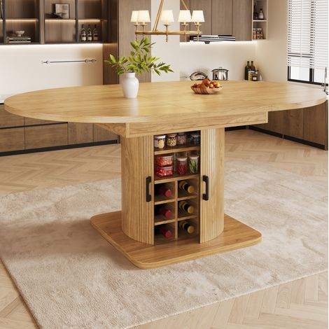MODFU – Mesa extensible 118-158x118x76 cm de MDF/metal con almacenamiento, portavasos y estantes extraíbles, carga 75 kg – Natural (1/5)