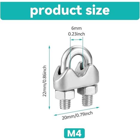 Serre Cable Acier M4 Serre-Câbles Métallique,20 Pièces Serre Cable Inox 4mm,U Boulon Clip de Câble Métalliques,Argent Serre-Câble Rotatif Fixation de Selle pour Clôtures de Jardin,Corde à Linge (1/5)