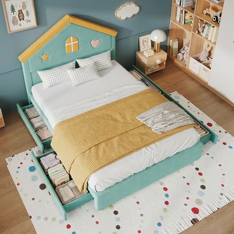 Letto per bambini 140 x 200 cm a casetta con 4 cassetti, velluto francese, blu-verde DESVIAE (1/5)