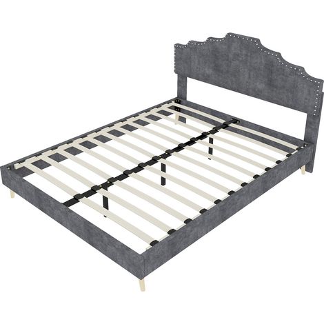 Cama tapizada 140 x 200 cm gris con colchón, cabecero acolchado, somier de lamas HOMVRA (1/5)