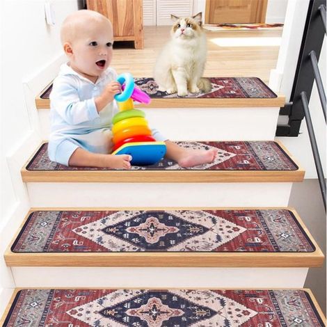 Tapis d'escalier antidérapants et amovibles 20 x 76 cm (lot de 4) - Protection optimale pour les marches d'escalier - Convient aux enfants, aux personnes âgées et aux animaux domestiques - Noir et gri (1/4)