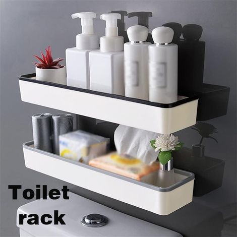 Étagère Salle de Bain Sans Perçage - Support Coin Douche Flottant, Rangement Murale Shampoing/Gel Douche et Épices Cuisine Noir (1/5)
