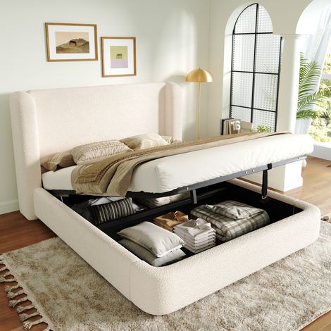 Lit double moderne 160x200 cm en bouclé beige avec tête de lit rembourrée, sommier à lattes et coffre relevable hydraulique (1/5)