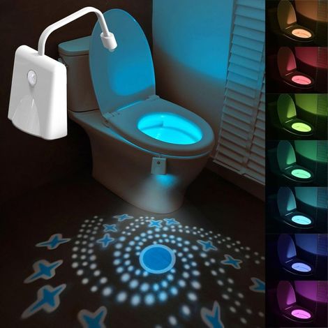 Veilleuse pour toilettes – 16 couleurs changeantes, détecteur de mouvement avec projection d'étoiles – 1 lampe LED rechargeable pour salle de bain – Cadeau ludique pour papa, ados, garçons et filles (1/5)