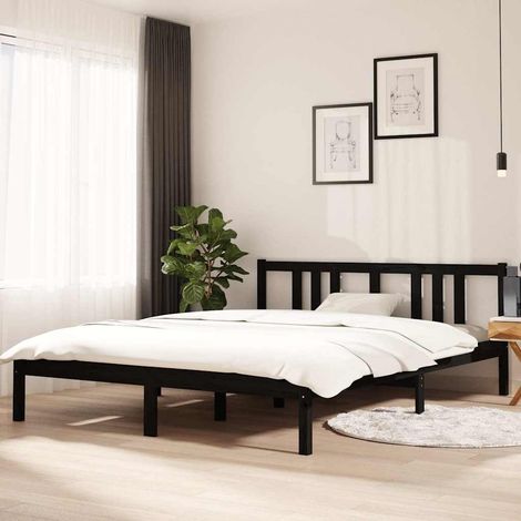 Cadre de lit 150 x 200 cm avec tête de lit, pin massif noir, sommier à lattes sans matelas - PANGIVO (1/5)