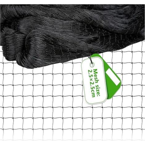 Filet de protection contre les oiseaux 15 m x 15 m, filet anti-oiseaux noir, filet de protection résistant aux déchirures pour poulaillers (maille de 2,5 x 2,5 cm, grands trous) (1/5)