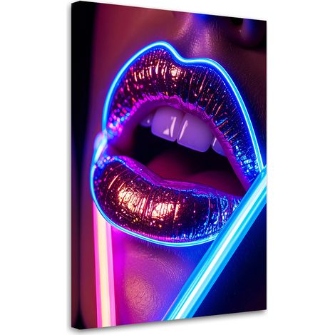 Stampe su Tela, Labbra color neon immerse in una luce blu e rosa. - 40x60 (1/2)