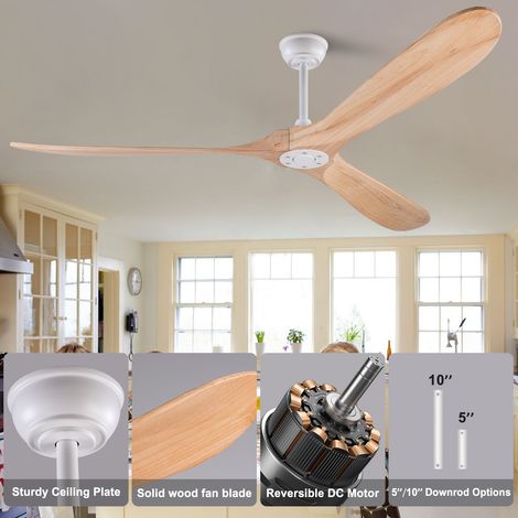 Ventilateur de plafond extra grand 183 cm sans lumière – Bois couleur nature, étanche, tige de suspension, design mid-century pour terrasse, salon, garage ， 183 x 183 x 32 cm