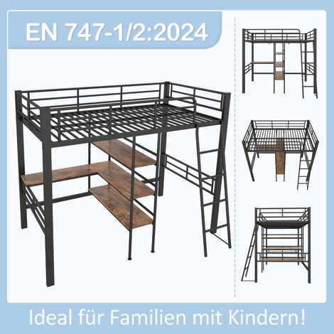 Lit Mezzanine 90x200 cm sans matelas, bureau intégré, étagères multiples, garde-corps, échelle, cadre en fer noir (1/5)