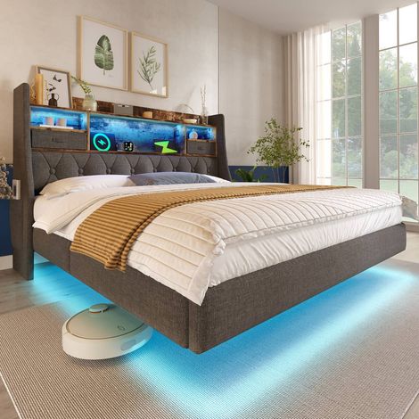 Lit double 180x200 cm gris avec led, tête de lit usb type-c, sommier à lattes, sans matelas (1/5)