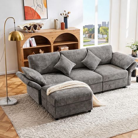 Canapé d'angle convertible en 3 places tissu chenille gris (1/5)
