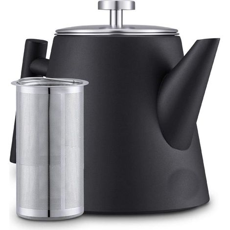 Théière 1 litre - Bouilloire isotherme - Théière en acier inoxydable avec filtre - Grande bouilloire - Bouilloire isotherme à double filtre - Noire (1/5)