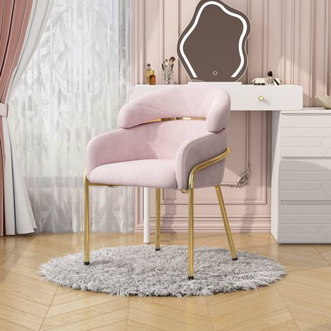 Chaise de coiffeuse pivotante 360° en velours rose, fauteuil rembourré avec dossier incurvé et 4 pieds en métal, style moderne pour chambre (1/5)