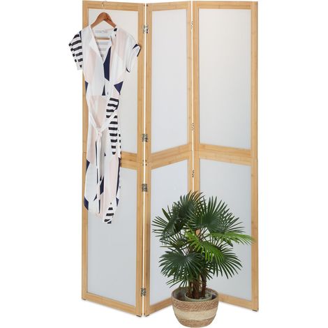Paravent à 3 Volets, Pliable, Plastique et Bambou, H x L : 180 x 136,5 cm, pour intérieur, Nature et Blanc (1/5)