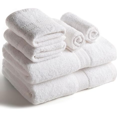 Lot de 6 serviettes, 2 serviettes de bain, 2 essuie-mains, 2 gants de toilette, coton ring-spun 500 g/m², blanc (1/5)