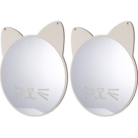 Lot de 2 Miroirs Muraux en Acrylique Incassable Forme Chat Cadre Bois Naturel Décoration Murale Moderne pour Chambre D’Garçon et Filles Salle de Bain et Salon Miroir Mural (1/5)