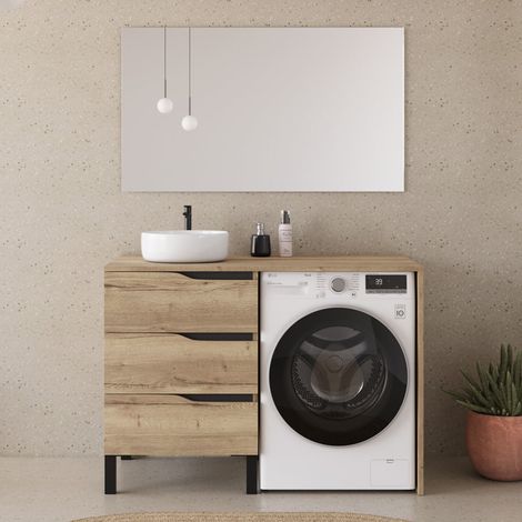 Meuble lave linge 124cm avec plateau et vasque ronde - 3 tiroirs - madera miel (chêne clair) - SANTA (1/5)
