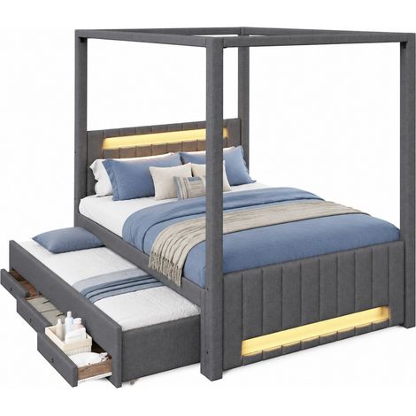 Lit 140x200 cm avec lit gigogne, 3 tiroirs, LED multicolore et ciel de lit, revêtement tissu gris, structure bois et MDF, gain de place pour chambre - CHICFURN (1/5)