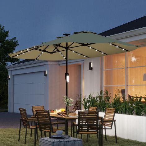 Parapluie double 4x2m 36 lumières LED UPF50+ manivelle 12 tiges résistantes eau, beige