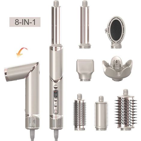 Kit sèche-cheveux 7 en 1 avec brosse séchante et fer à boucler pour des résultats dignes d'un salon de coiffure, adapté à tous les types de cheveux. Zéro dommage dû à la chaleur grâce aux ions négatif