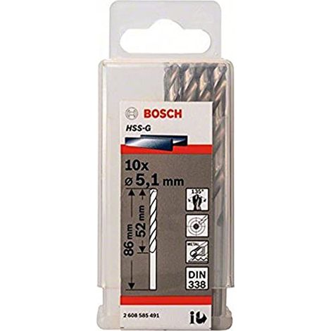Bosch Home and Garden 2608585491 Heller, Punta per Metallo, HSS-G, 5.1 x 52 x 86 mm, 10 pezzi, Ø 5.1 mm (1/4)