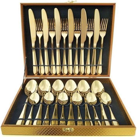 Ménagère 24 couverts dorés et modernes pour 6 personnes en acier inoxydable, pour mariage ou tout autre événement (1/4)