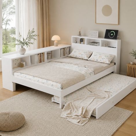 Cama nido 120/200 cm blanca de madera con cama extraíble 90/190 cm, estantería lateral y cabecero con carga