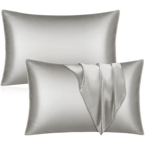 Sollbry Taie d'oreiller en satin de soie pour cheveux et peau Queen Lot de 2 taies d'oreiller douces Housses d'oreiller de lit en microfibre soyeuse Infroissables avec fermeture à enveloppe (gris fonc (1/5)