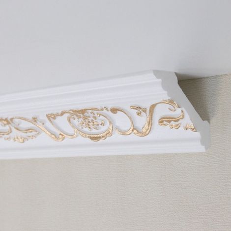 PROVISTON Stuckleiste Polystyrol 53 x 53 x 2000 mm Weiß Gold Deckenleiste Überstreichbar