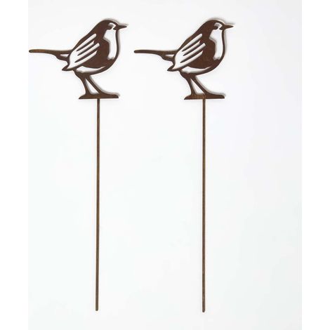 HOMESCAPES Gartenstecker Rost – Rotkehlchen Gartendeko 2er-Set, wetterfeste Gartenfiguren aus Metall für draußen, Rost Deko für Garten, Terrasse & Balkon (1/5)