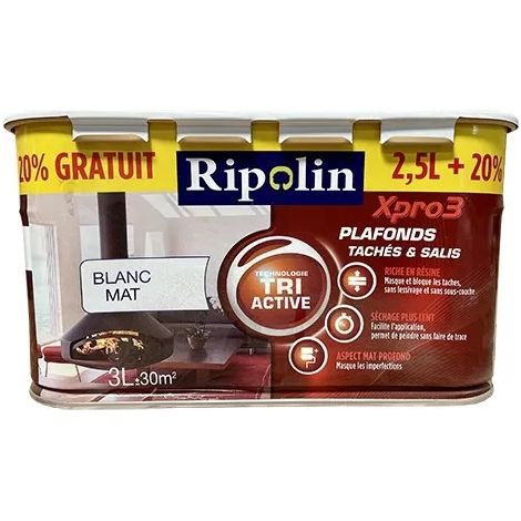Peinture XPro3 Tri Active RIPOLIN Plafonds Tachés & Salis Blanc Mat 3 L