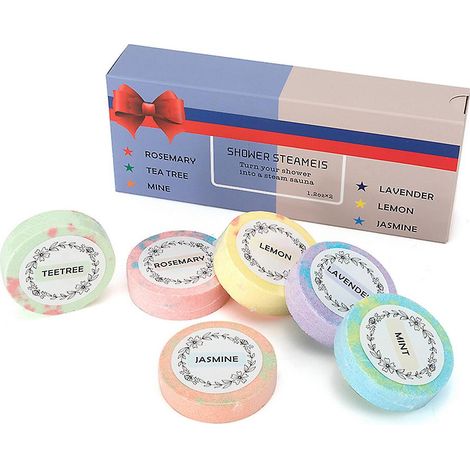 6 pastilles de douche aromathérapeutiques, huiles essentielles naturelles et biologiques, eucalyptus lavande orange citron rose arbre à thé, pour détente et bien-être (1/5)