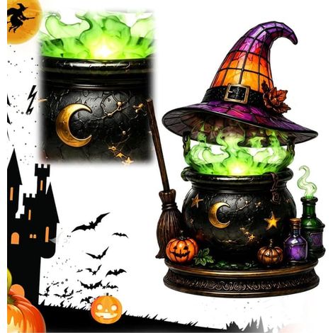 Lampe gothique d'Halloween avec chapeau de sorcière, lampe de table décorative style vintage, veilleuse LED pour chambre, étagère et table, chaudron magique (1/5)