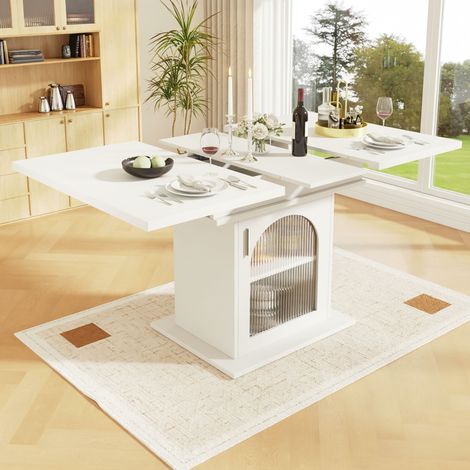 Table repas extensible 110-140 cm avec placard vitré blanc (1/5)