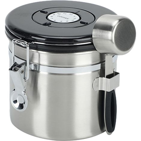 Boîte à café, grand récipient de rangement et organisateur pour le café avec dosette en acier inoxydable, indicateur de date et valve de décompression, accessoires indispensables pour le café, acier (1/5)